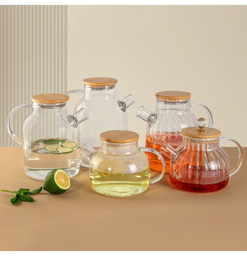 Set of 5pcs Glass Tea Sets High Borosilicate Heat Resistant Glass Teapot Glass Tea Kettle Pitcher with Wooden Cover Clear Teapot Set of 5pcs Glass Tea Sets High Borosilicate Heat Resistant Glass Teapot Glass Tea Kettle Pitcher with Wooden Cover Clear Teapot